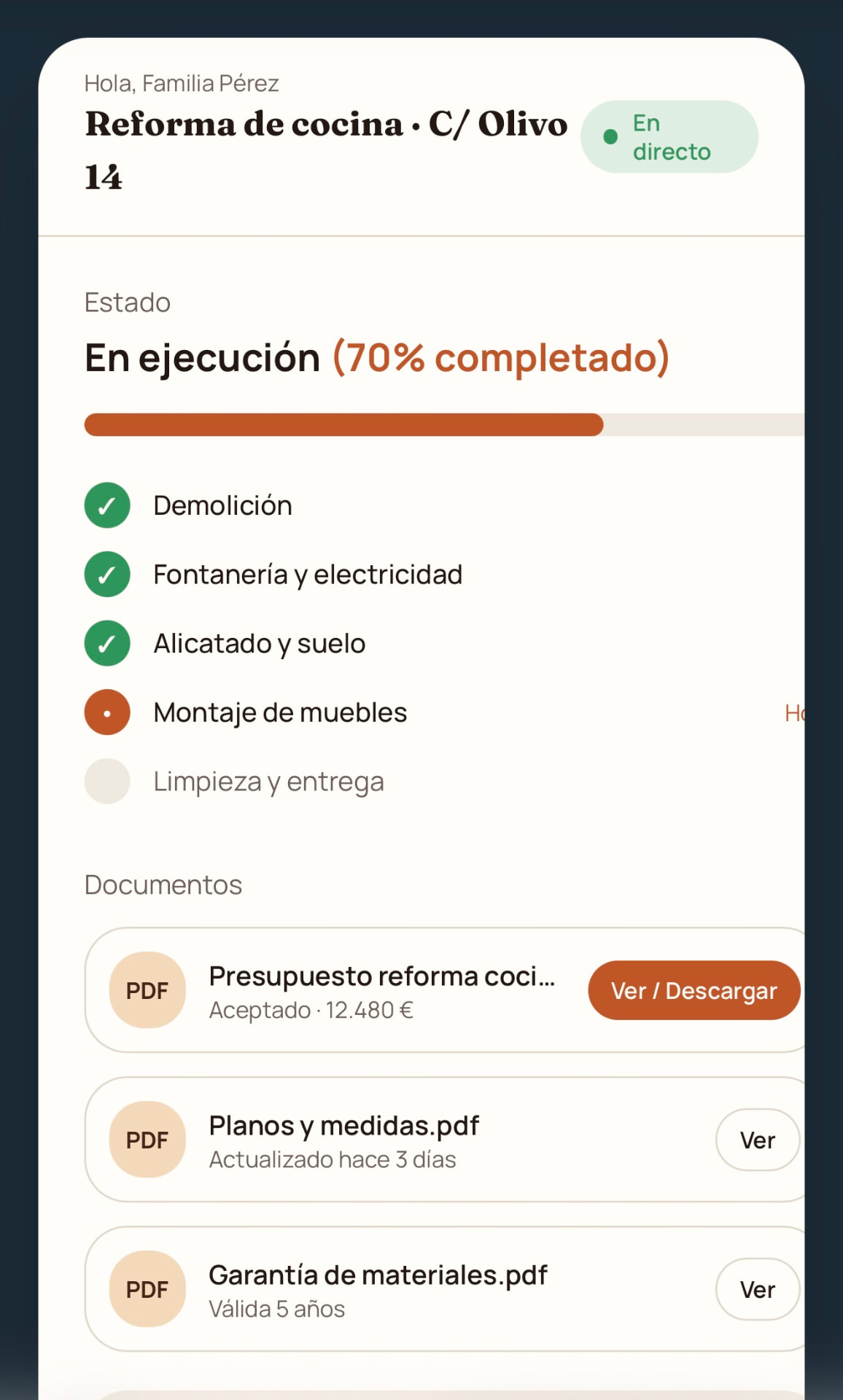 Captura de la app: Zona privada de cliente