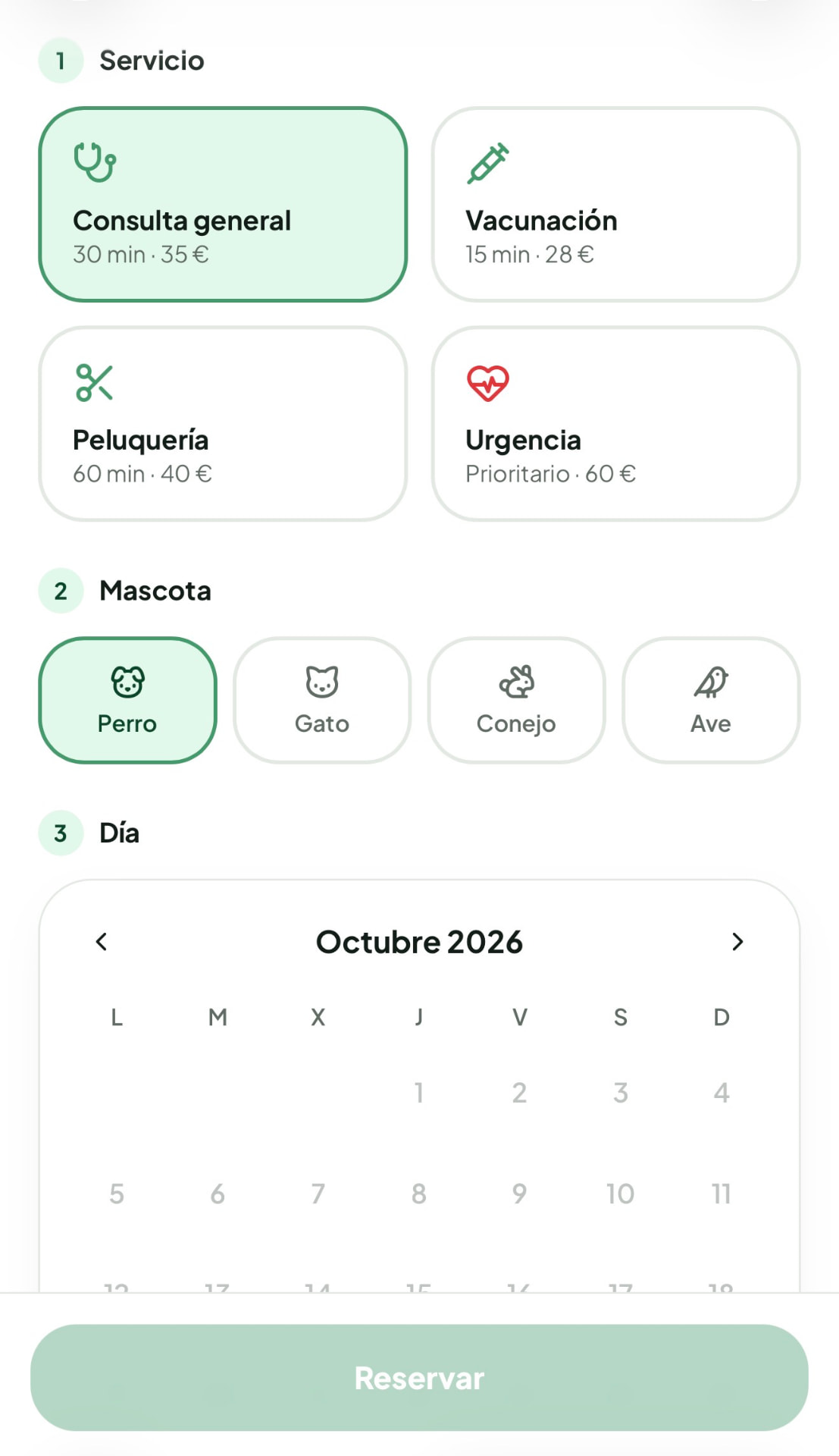 Captura de la app: Elige servicio y mascota
