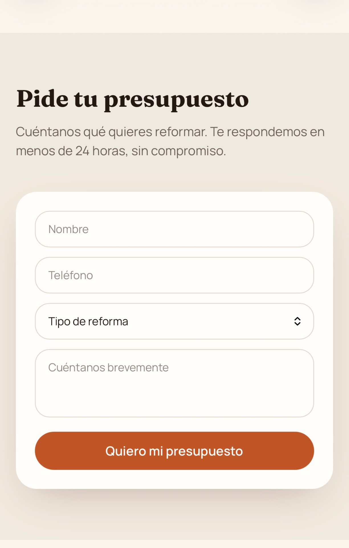 Captura de la app: Pide tu presupuesto